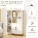 Free standing pantry cabinet with 2 doors and 5 shelves, featuring sturdy metal legs and anti-toppling devices for.