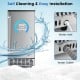 Free-standing built-in ice maker in silver with self-cleaning, water inlet, and outlet features for easy installation.