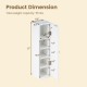 Dimensions of the white free-standing toilet paper holder with 4 shelves, designed for compact bathroom spaces.