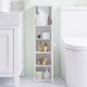 Free standing white toilet paper holder with 4 shelves, compact design for bathroom storage and organization.