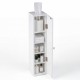 Free standing white toilet paper holder with 4 shelves and top slot, perfect for compact bathroom storage.