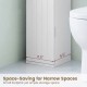 Free standing toilet paper holder in white with 4 shelves, designed for narrow spaces, ideal for bathroom storage.