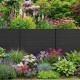 Freestanding black air conditioner fence with vibrant garden backdrop, featuring heavy-duty metal stakes for stability.
