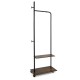 Freestanding clothing rack with wheels in rustic brown, featuring shelves and hooks for organized storage in entryway.