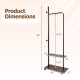 Freestanding clothing rack dimensions showing a rustic brown design with wheels and storage shelves for versatile use.