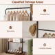 Freestanding clothing rack with wheels, rustic brown finish, features hanging rod, side hooks, and two wooden shelves.