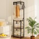 Freestanding coat rack in rustic brown with 4 shelves and 6 hooks, ideal for entryways and tight spaces.