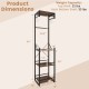 Freestanding coat rack with rustic brown wood grain shelves, 4 storage shelves, and 6 hooks for versatile organization.