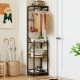 Freestanding coat rack with 4 rustic brown shelves and 6 hooks, ideal for organizing entryways and tight spaces.