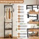 Freestanding coat rack in rustic brown with 3 hanging rods, 6 hooks, and 4 storage shelves for versatile organization.