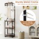 Freestanding coat rack in rustic brown with 4 shelves, 6 hooks, and sturdy metal frame for entryway or bedroom storage.