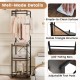 Freestanding coat rack in rustic brown with 4 shelves, 6 hooks, and a stable metal frame for entryway organization.