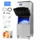 Freestanding commercial ice maker showcasing the open lid and illuminated interior, producing 450 lbs of ice per day.