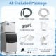 Freestanding commercial ice maker with 450 lbs/24H output, includes hoses, filter, and shovel for easy setup and use.