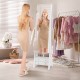 Freestanding full-length LED mirrored jewelry armoire in white with 6 drawers, featuring adjustable angles and ample.