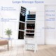 Freestanding white jewelry armoire with LED lights, full-length mirror, 6 drawers, and multiple storage compartments.