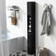 Freestanding slim black bathroom cabinet with adjustable shelves and drawer, ideal for small spaces and stylish storage.