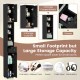 Freestanding slim bathroom cabinet in black with 2 storage cabinets, 5 adjustable shelves, and 1 drawer for small.