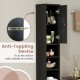 Freestanding slim bathroom cabinet in black with adjustable shelves, drawer, and anti-toppling device for safety.