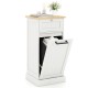 Freestanding tilt-out laundry cabinet in white with bamboo top, featuring a removable laundry hamper and metal handles.