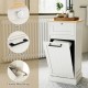 Freestanding tilt-out laundry cabinet in white with a bamboo top, featuring a removable hamper and easy-grip handle.