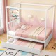 Full size white canopy bed with trundle, solid wood frame, designed for kids' bedrooms, featuring adorable decorations.