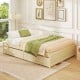 Natural full size wooden bed frame showcasing the embedded design that keeps the mattress securely in place.
