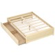 Full size wooden bed frame in natural finish with two rolling storage drawers for convenient organization.