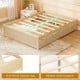 Full size wooden bed frame with two rolling storage drawers, featuring solid wood support legs and robust plywood slats.