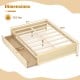 Full size wooden bed frame with two rolling storage drawers, dimensions 57" x 78.5", supports 300 lbs, natural finish.