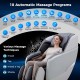 Full body zero gravity massage chair in white featuring 18 automatic programs and multiple airbags for total relaxation.