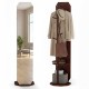 Full-length mirror coat rack in walnut with hooks and shelves, ideal for bedroom or entryway storage and organization.