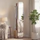 Full-length mirror coat rack in walnut with hooks and storage basket, ideal for bedroom or entryway organization.