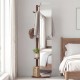 Full-length mirror coat rack in walnut with hooks and shelves, ideal for bedroom or entryway storage and style.