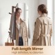 Full-length mirror coat rack in walnut with clothes hanger, featuring a clear reflection and versatile storage for.