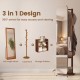 Full-length mirror coat rack in walnut with shelves and hooks, featuring 360-degree swivel for versatile bedroom use.
