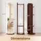 Full-length mirror coat rack in walnut with dimensions, featuring hooks, shelves, and a solid wood frame for versatile.