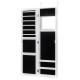 Full length mirror jewelry cabinet in white with 40 ring slots, 25 hooks, and a makeup mirror for organized storage.