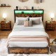 Full/Queen size LED bed frame with charging station, 4 storage drawers, and ambient lighting for a stylish bedroom.