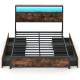 Full/Queen size LED bed frame with storage drawers, featuring a stylish wood finish and integrated charging station.