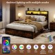 Full/Queen size LED bed frame with storage drawers, featuring smart ambient lighting and remote control for easy.