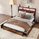 Full/Queen size LED bed frame with storage drawers, featuring a stylish design and ambient lighting for a cozy bedroom.