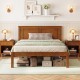 Twin size farmhouse wooden platform bed frame with headboard, featuring elevated design and extra storage space.