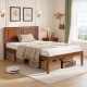 Twin size farmhouse wooden platform bed frame with headboard, featuring elevated design for extra storage underneath.