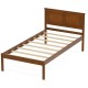Twin size farmhouse wooden platform bed frame with headboard, featuring solid wood legs and elevated design for storage.