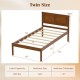 Twin size farmhouse wooden platform bed frame with headboard, featuring solid wood legs and plywood slats for support.