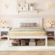 Twin size farmhouse wooden platform bed frame in white with storage underneath, featuring a simple rustic design.