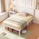 Twin size farmhouse wooden platform bed frame in white with headboard, featuring under-bed storage and a cozy setup.