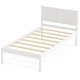 Twin size farmhouse wooden platform bed frame in white with headboard and plywood slats, ideal for stylish bedroom.