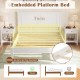 Twin size farmhouse wooden platform bed frame in white with headboard, featuring embedded design and no box spring.